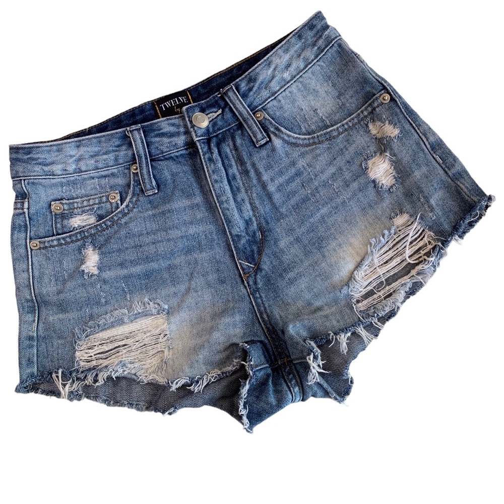 TWELVE HIGH-RISE DESTROYED JEAN SHORTS